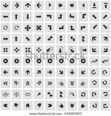 100 Arrows icons, black on square gray background