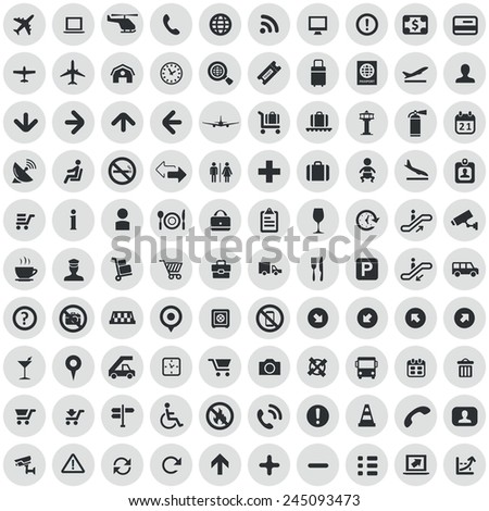 100 airport icons, black on circle gray background 