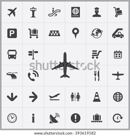 Simple airport icons set. Universal airport icons to use for web and mobile UI, set of basic UI airport elements