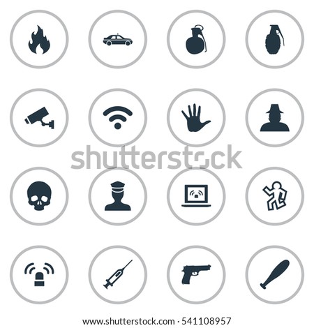 Set Of 16 Simple Offense Icons. Can Be Found Such Elements As Internet, Safety, Siren And Other.
