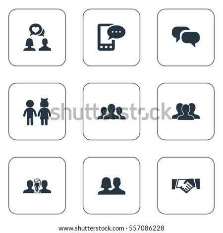 Set Of 9 Simple Friends Icons. Can Be Found Such Elements As Friendship, Children, Crowd And Other.