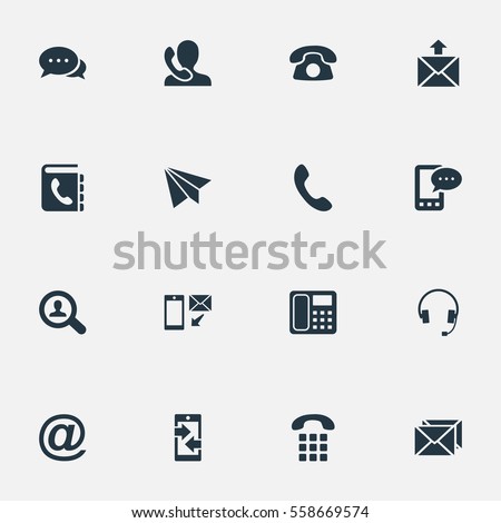 Set Of 16 Simple Communication Icons. Can Be Found Such Elements As Correspondence, Earphone, New-Come Letter And Other.