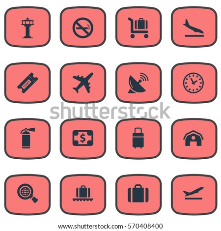 Set Of 16 Simple Plane Icons. Can Be Found Such Elements As Currency, Cigarette Forbidden, Baggage Cart And Other.