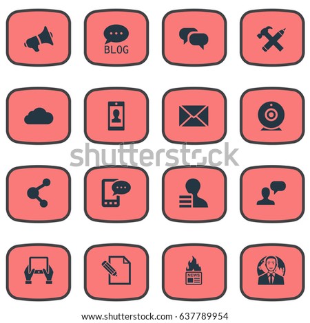 Vector Illustration Set Of Simple Blogging Icons. Elements Profile, Gazette, Loudspeaker And Other Synonyms Share, Profit And Loudspeaker.