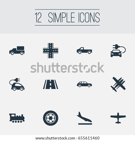 Vector Illustration Set Of Simple Transportation Icons. Elements Airliner, Hybrid Auto, Downgrade And Other Synonyms Street, Highway And Landing.