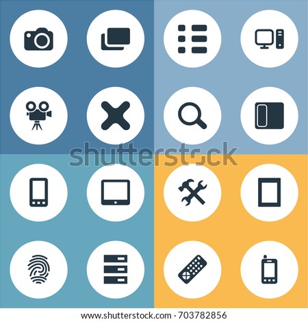 Vector Illustration Set Of Simple Device Icons. Elements Fingerprint, Layout, Settings And Other Synonyms Document, Mobile And Computer.