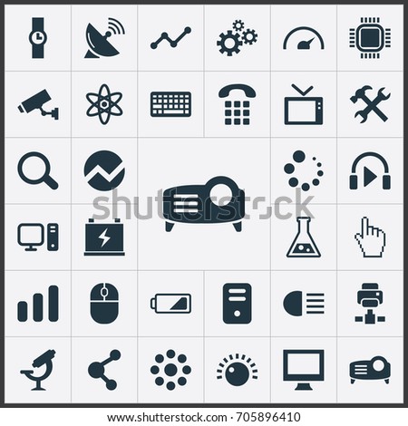 Vector Illustration Set Of Simple Device Icons. Elements Share, Satellite Antenna, Processor And Other Synonyms Drug, Security And Wristwatch.