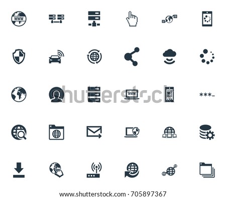 Vector Illustration Set Of Simple Web Icons. Elements Nucleus, Processing, Browser Tab And Other Synonyms Click, Password And Communication.