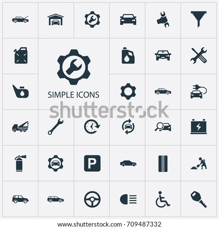 Vector Illustration Set Of Simple Car Icons. Elements Lock, Workshop, Repair And Other Synonyms Auto, Extinguisher And Sedan.