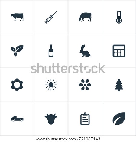 Vector Illustration Set Of Simple Harvest Icons. Elements Calculator, Livestock, Engine And Other Synonyms Medicine, Sunshine And Measurement.