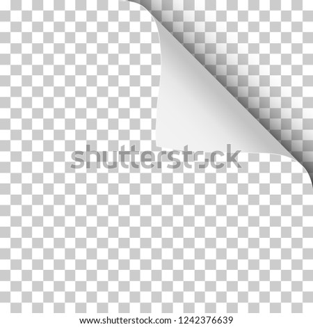 Vector sheet of transparent paper with upper right curled up corner and soft shadow.