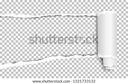 Vector torn hole from left to right side in sheet of transparent paper with curl and soft shadow