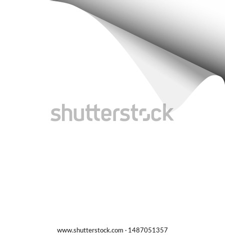 Sheet of white paper with curled upper right corner from the top and soft shadow. Template paper design. Vector illustration.
