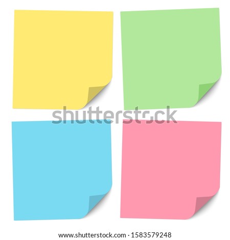 Set of note papers of different colors with a bent right bottom corner. Vector illustration.