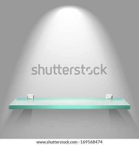 Empty square glass shelf under bright soft lighting hanging on a wall. Vector advertising background.