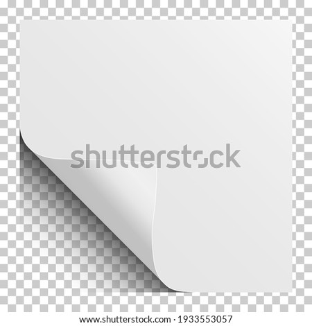 Sheet of white paper with curled corner and soft shadow. Element for ad. Vector illustration.