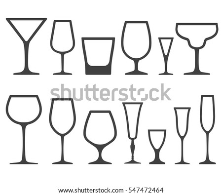 Set of empty different shapes wine glasses icons isolated on white background.