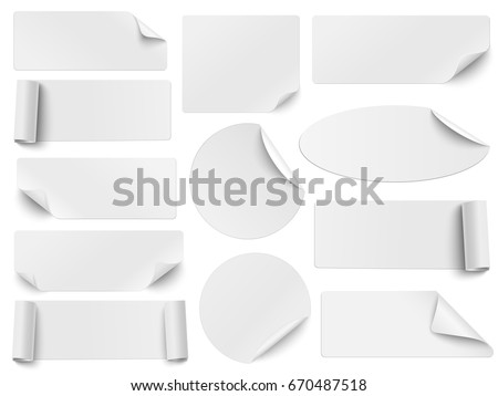 Set of white paper stickers of different shapes with curled corners isolated on white background. Round, oval, square, rectangular shapes. Vector illustration. Template paper design.