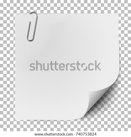 White note paper with glaring metallic clip isolated on transparent backgroundd