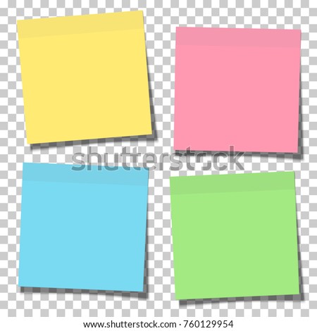 Set of yellow, green, blue and pink paper sticky notes glued to the surface isolated on transparent background. Vector illustration.