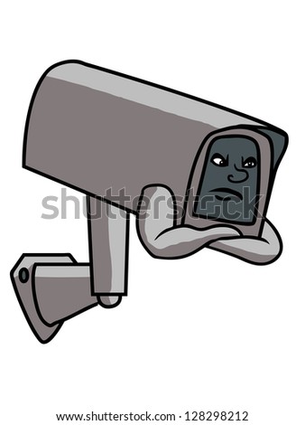 a vector cartoon of a cctv camera with an angry face,isolated on a white background