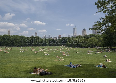 New York, June 27, 2010 - People relaxing on the green grass of Central Park on a Sunday afternoon. USA, New York, June 27, 2010