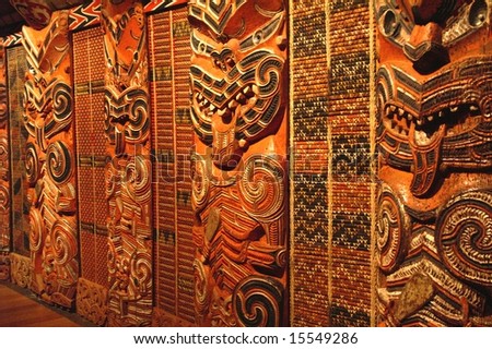 Traditional Maori Wood Carvings in Meeting House