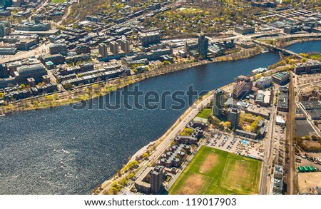 Aerial view of Boston University, Charles River, MIT\'s dorms