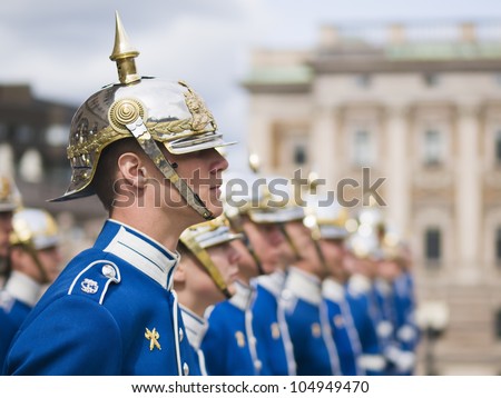 STOCKHOLM, SWEDEN - MAY 12: Swedish Royal Guard at the Royal Palace Square in Stockholm on May 12, 2009 in Stockholm, Sweden. The royal guard protects the Swedish monarchy.