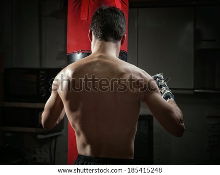Young boxer back. The boxer is training with a punching bag.