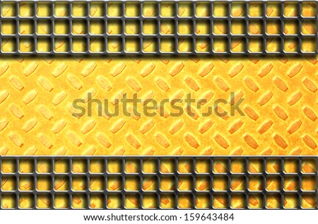 Yellow or gold color diamond steel plate covered by iron bars background texture