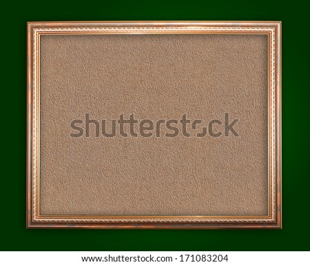 Classical art concept. Brown wooden frame with yellow gold for photo or picture with shaded green blank background and cork textured back isolated. Two clipping path included