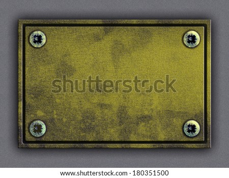 Old stain green sheet iron or cooper plate framed and nailed by four screws to any building or wall background highlighted by sun, lamp or moon light