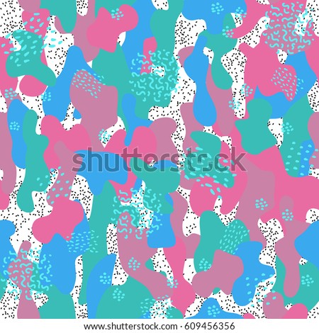 Memphis camouflage seamless pattern in a white, green, blue and pink colors.