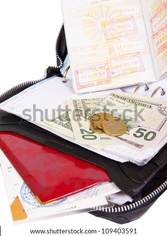 business man leather travel date book with money passport and boa