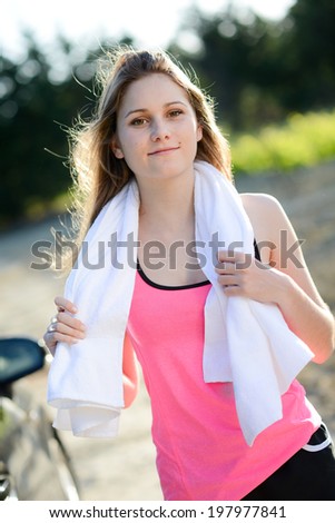 fitness sport healthy and cheerful young woman running outdoor in the ...