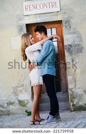 happy young couple teenager first love together in summertime during hot and sunny day