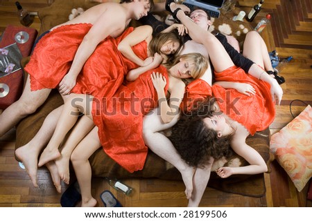 Drunk sleeping young people after a party