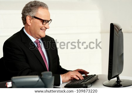 Cheerful aged man working on computer looking at lcd screen