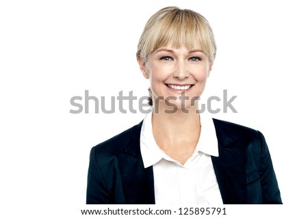 Profile shot of a cheerful business executive. Studio shot on white.