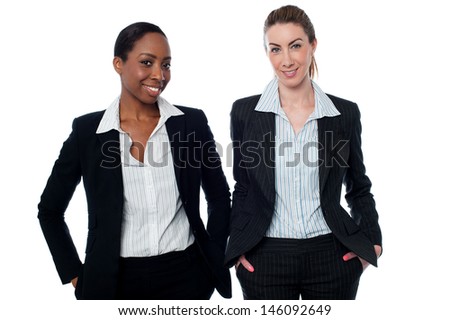 Pretty confident corporate ladies over white