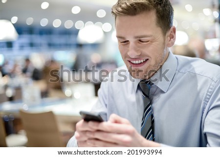 Smiling businessman in cafe using mobile phone