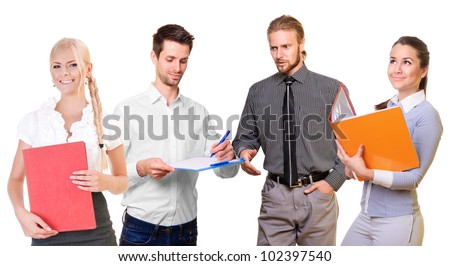 Business people standing talking, and the team look into the future. isolated on a white background