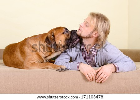 young man at home playing with a big bullmastiff dog. positively laugh