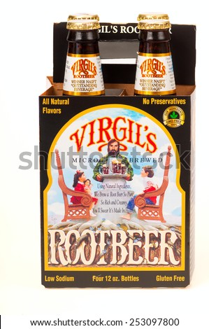TWINSBURG, OH, USA - FEBRUARY 7, 2015: A four-pack of Virgil\'s Root Beer on white. Virgil\'s is a microbrewed root beer and produced in Los Angeles, California, by Reed Inc.