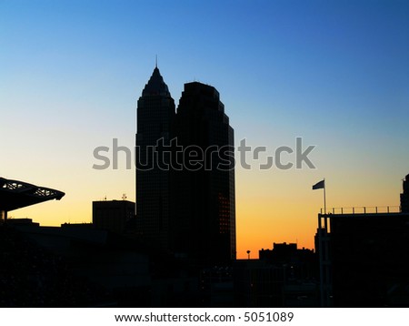 Silhouette of two skyscrapers after sunset