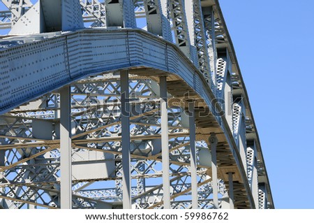Closeup of the main arch of a steel truss bridge in Cleveland Ohio