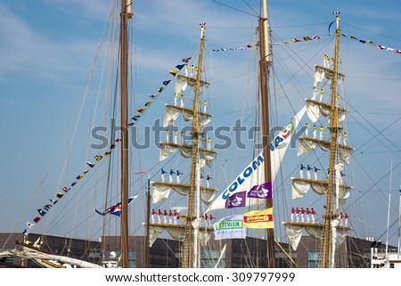 Port of Amsterdam, Noord-Holland/Netherlands - August 19-08-2015 -Tall ship the Stad Amsterdam is sailing from IJmuiden to Amsterdam during the big event SAIL. SAIL is the biggest nautical event ever.