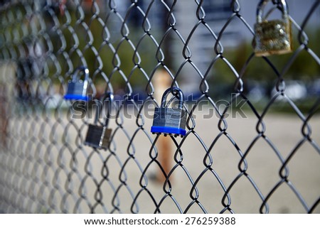 Group of padlocks locked to chain link fence taken with shallow depth of field