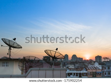 Antenna communication satellite dish with sky background, Satellite dish sky sunset